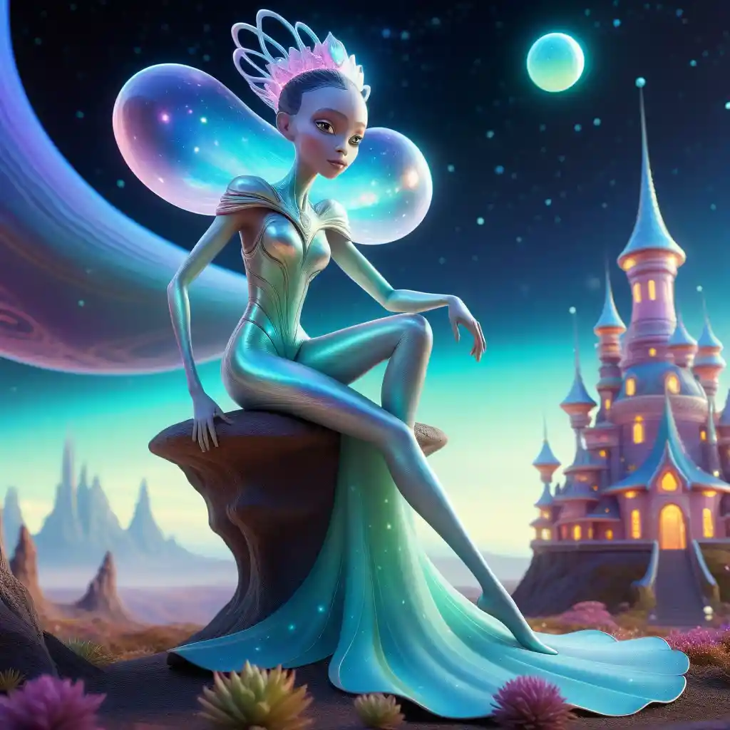 Alien princess caricature with glowing eyes and crystal crown