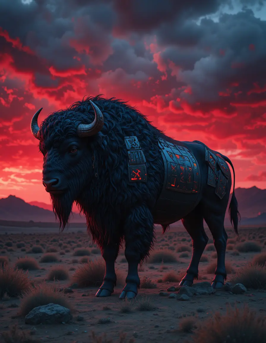 Majestic black bison under a blood red stormy sky