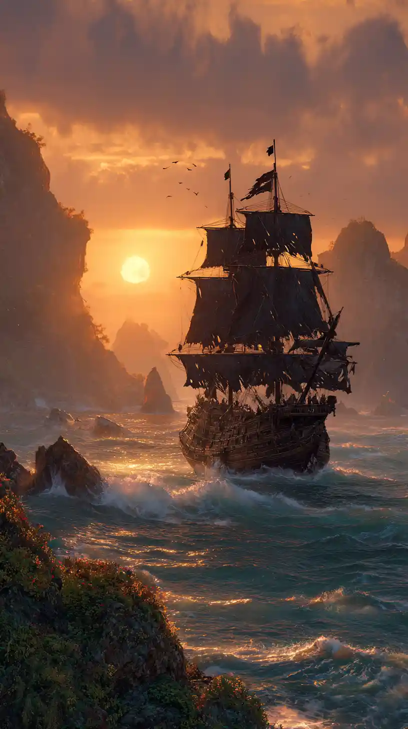 Navio pirata atravessando ondas tempestuosas ao pôr do sol
