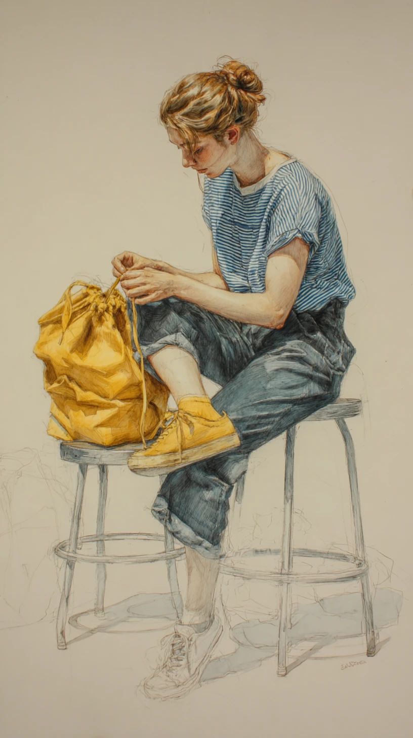Young woman tying yellow sneaker in watercolor top view