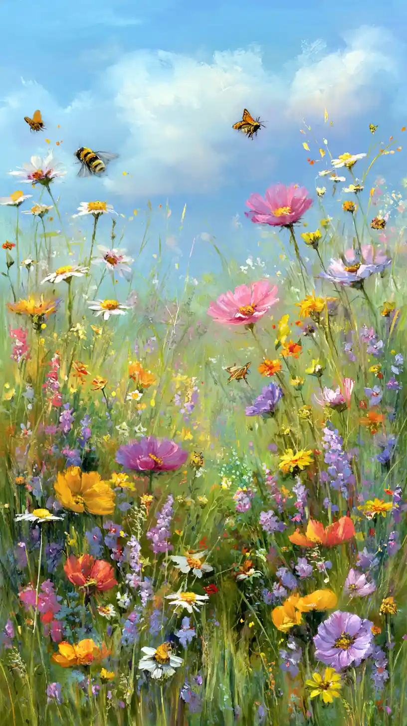 Prato primaverile al sole pieno di coloratissimi fiori selvatici