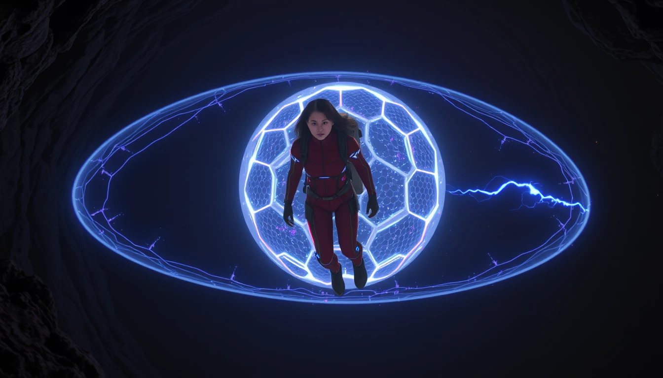 Donna in tuta spaziale rossa dentro a uno scudo di energia sci‑fi luminoso