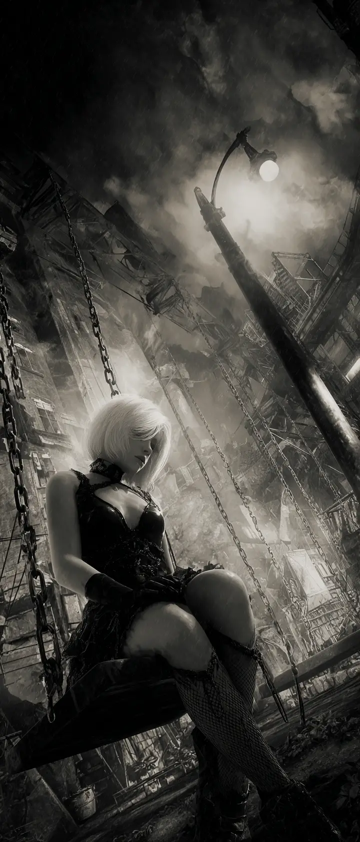 Gothic woman on a swing in a dark urban playground