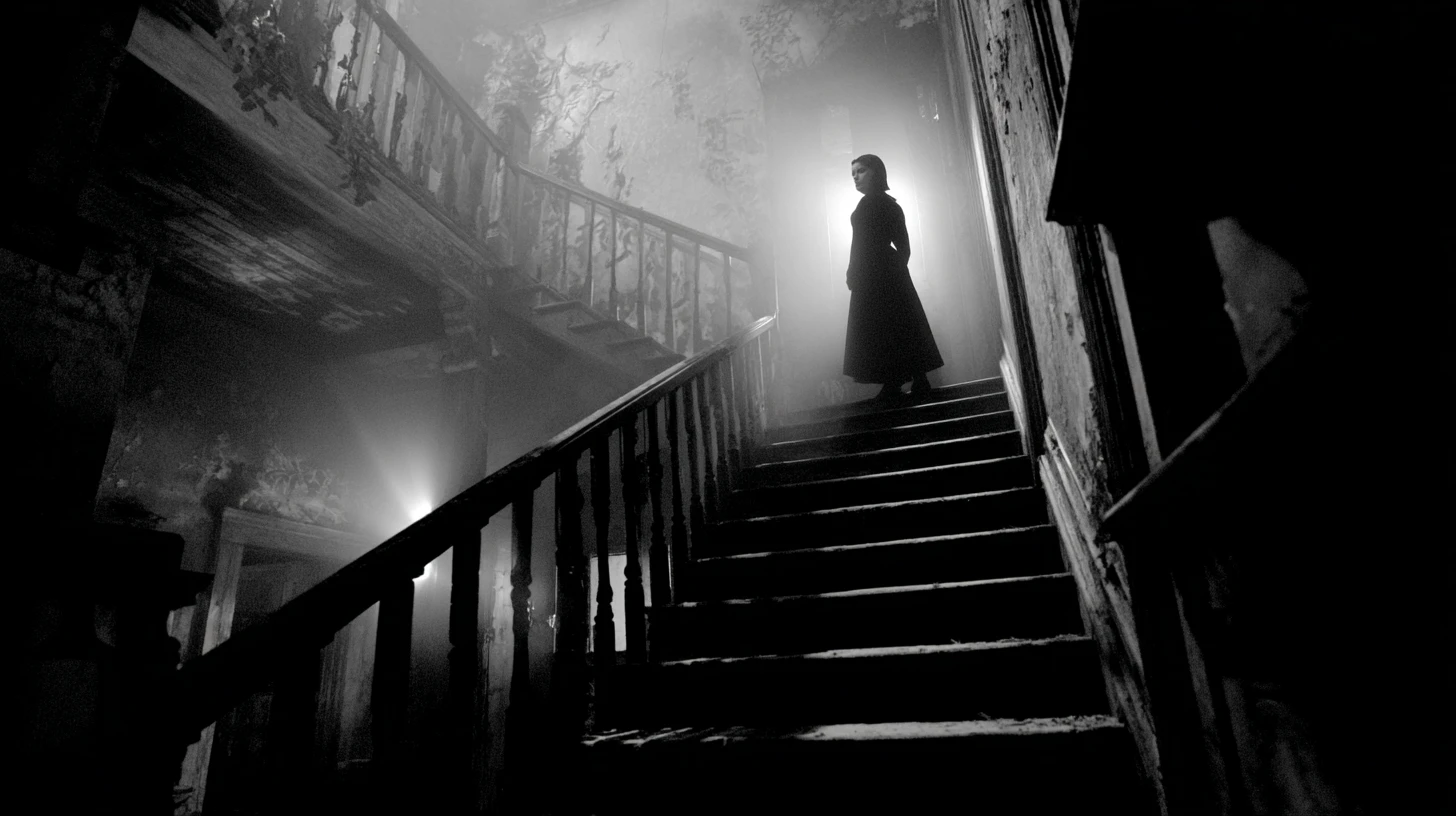 Fantasma descendo a escadaria de uma mansão em ruínas em direção a um explorador solitário