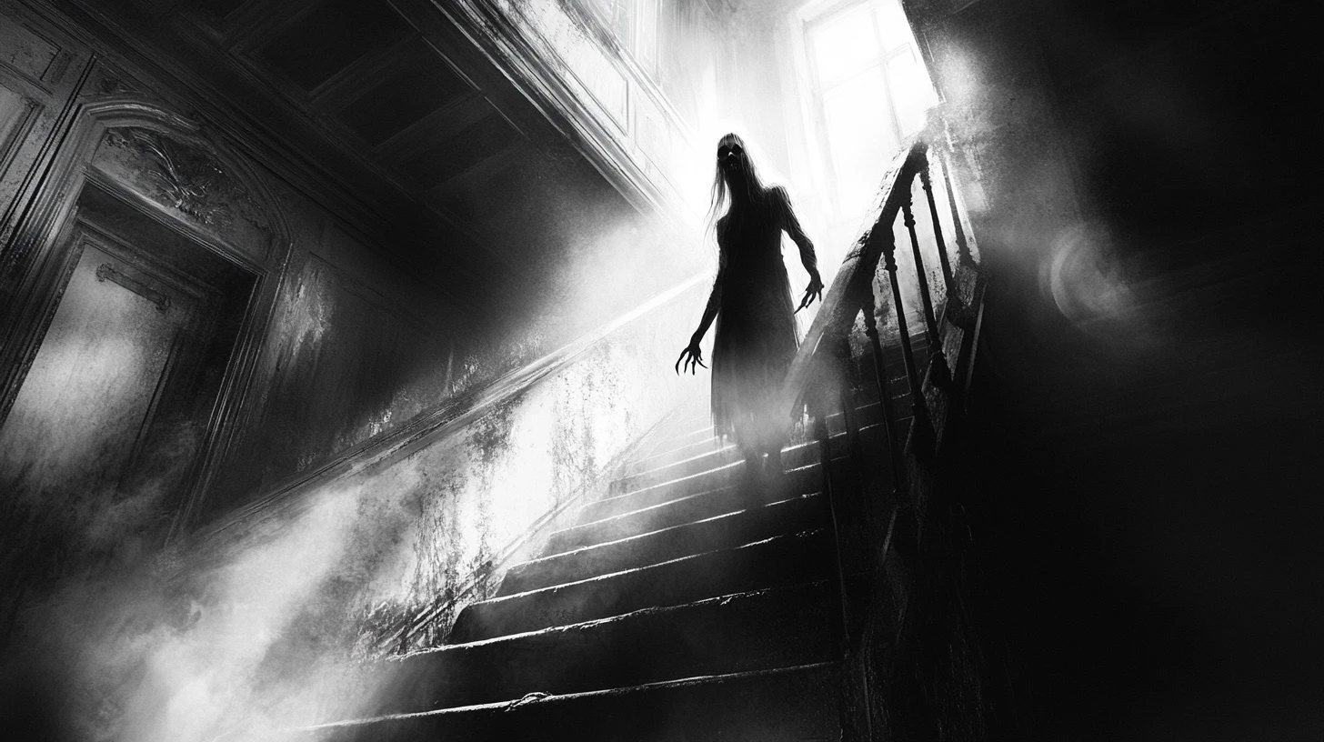 Explorateur solitaire face à un fantôme dans l’escalier d’un manoir sombre