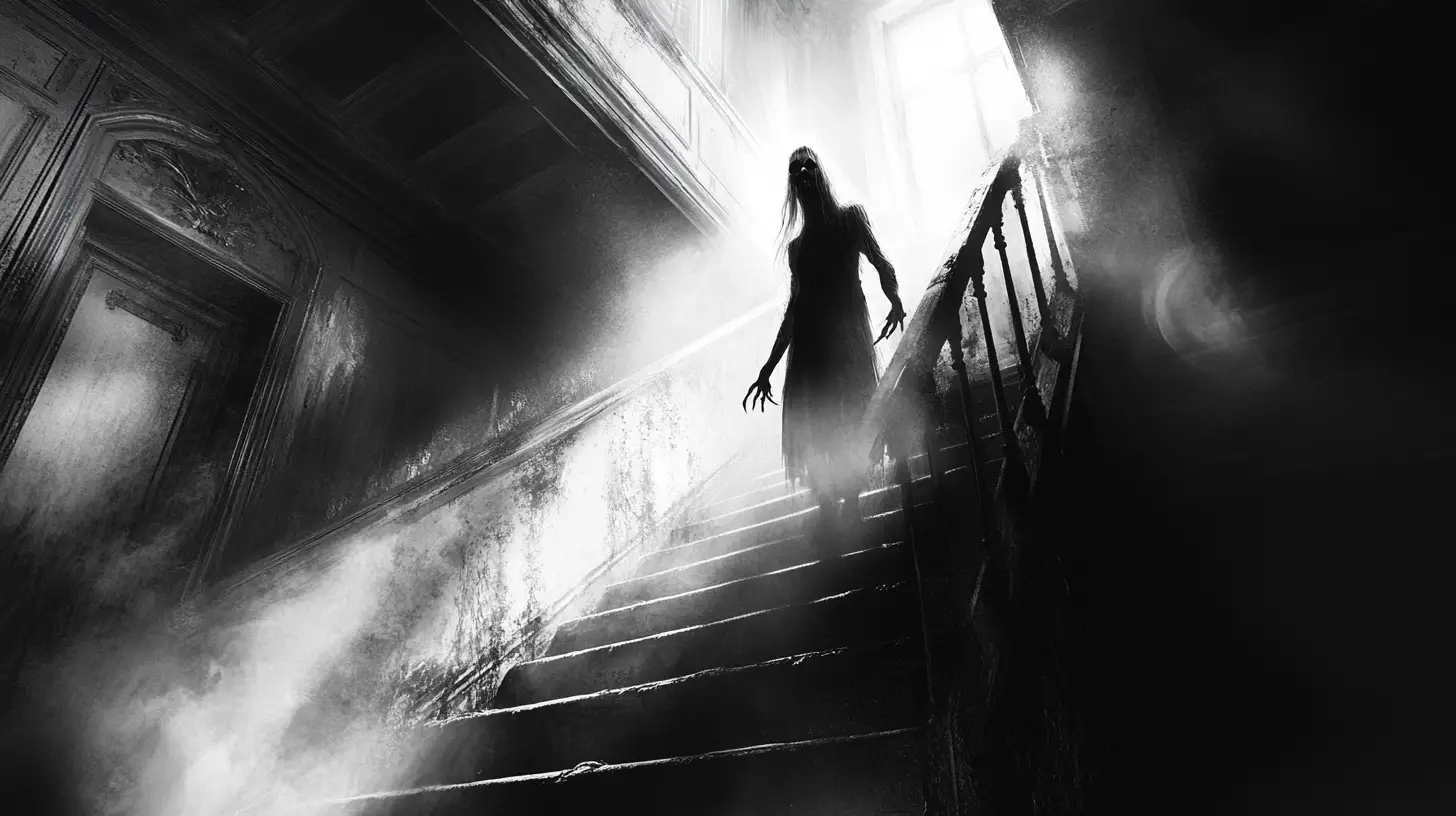 Einsamer Entdecker stellt sich einem Geist auf der Treppe in einem dunklen Herrenhaus