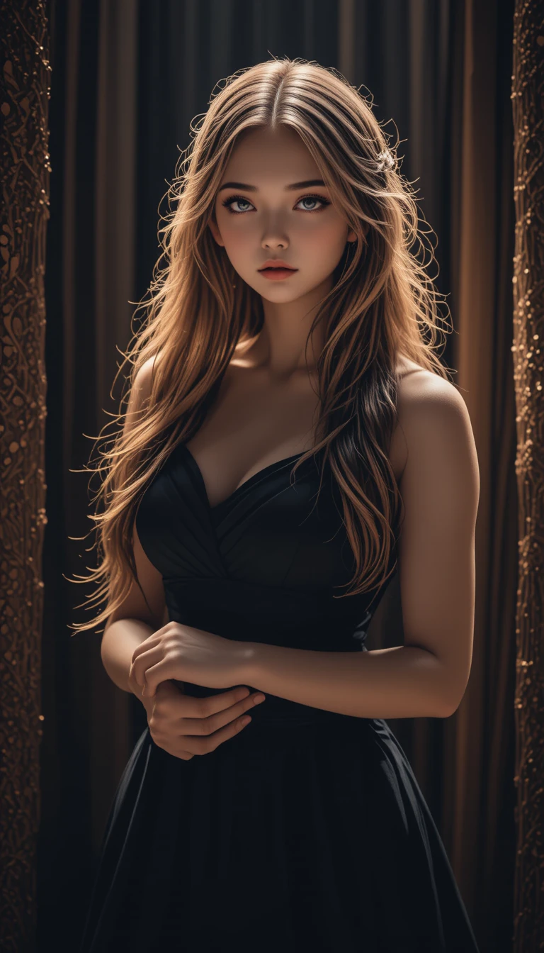Jovem mulher de vestido preto em retrato de estúdio com iluminação suave