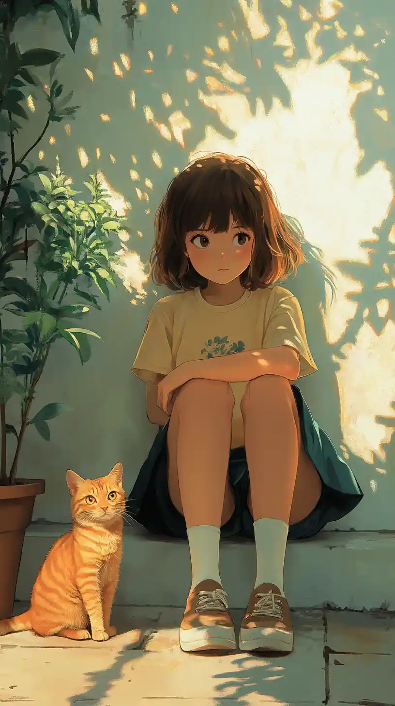 Garota sentada com gato na luz quente e salpicada da tarde