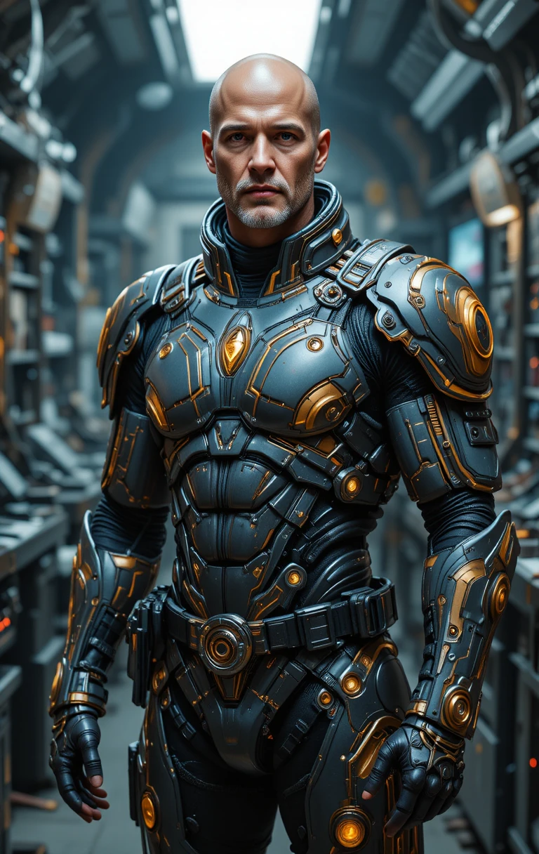 Homem careca blindado em traje sci-fi brilhante no laboratório