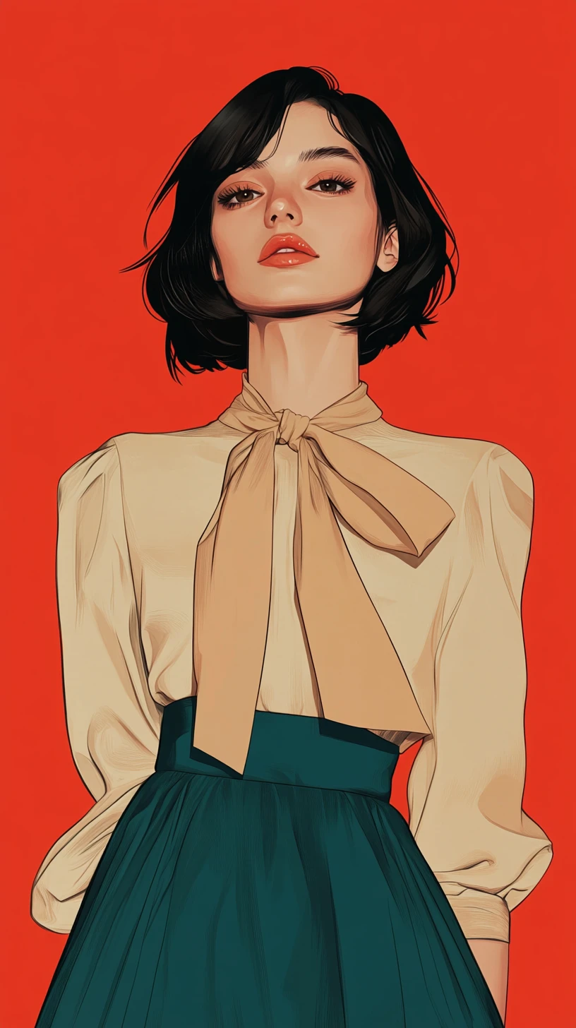 Stylish woman in teal skirt against bold red graphic background