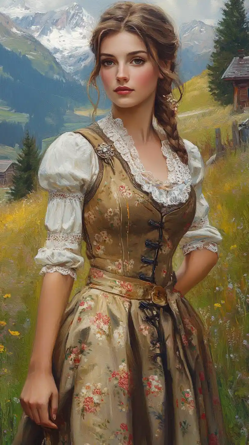Beautiful woman in a checkered dirndl on a mountain meadow