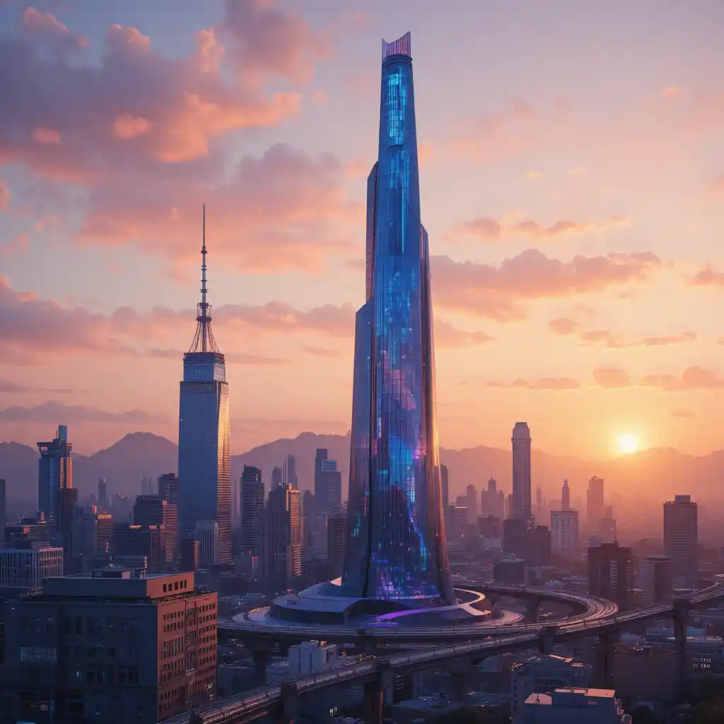 Skyline de ville futuriste avec gratte-ciel rétro au coucher du soleil