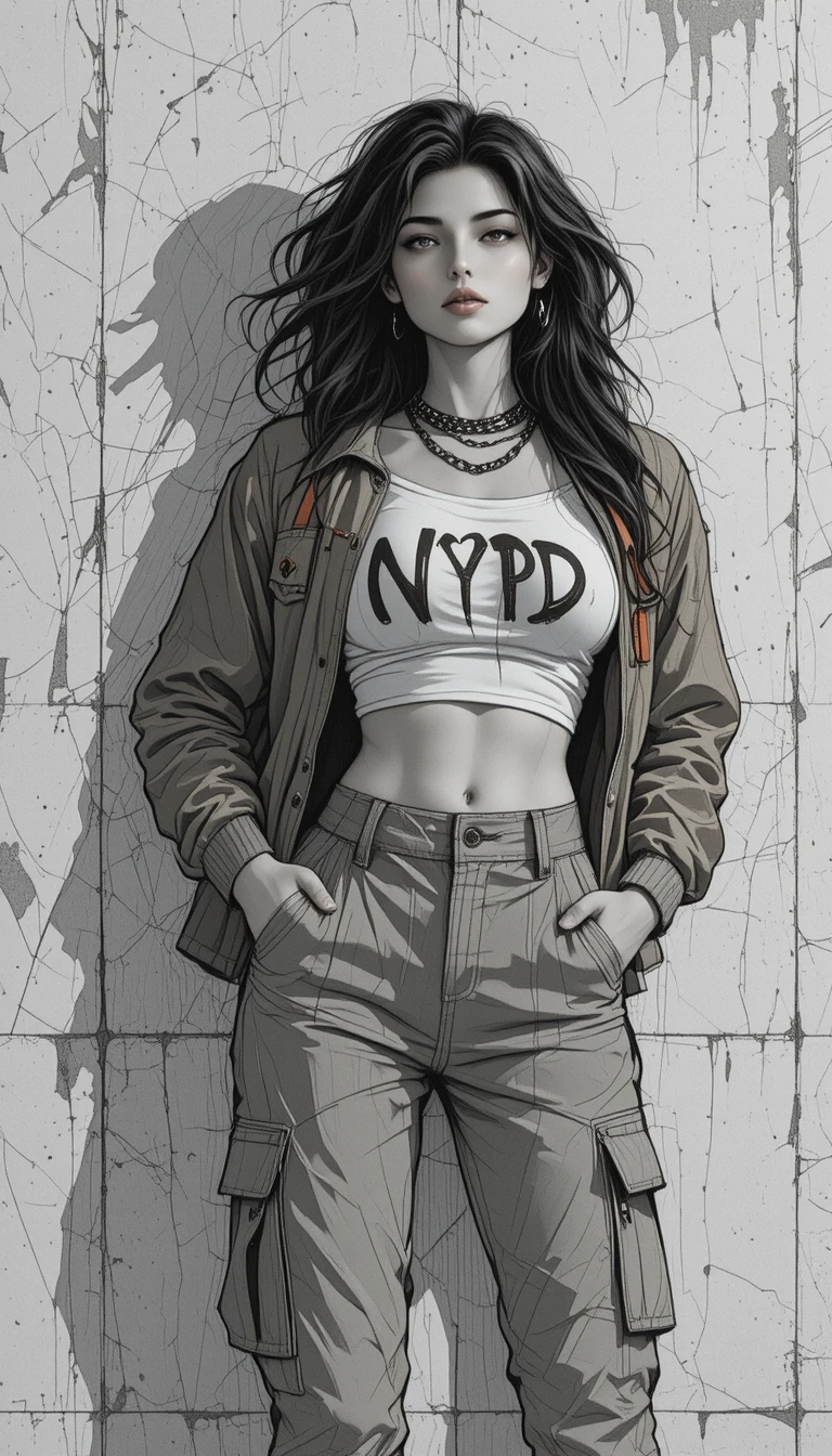 Confident young woman in urban streetwear against concrete wall