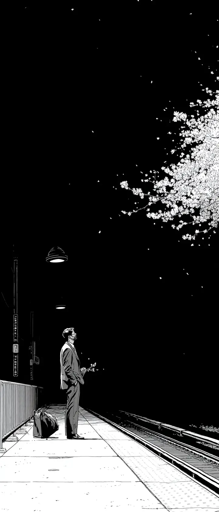 Lonely businessman with cherry blossom on night subway platform