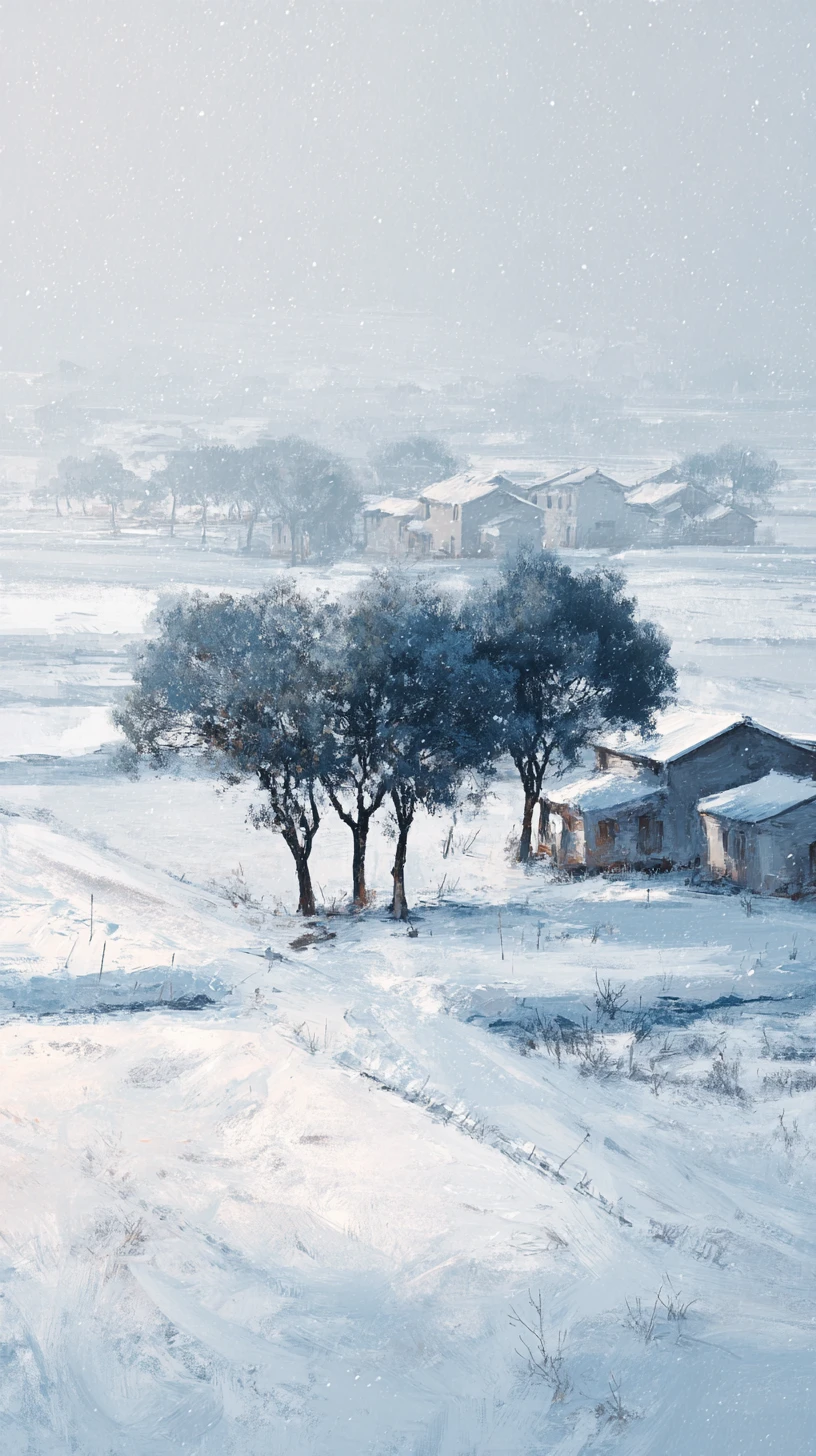 Village rural enneigé avec zelkova à l’aube