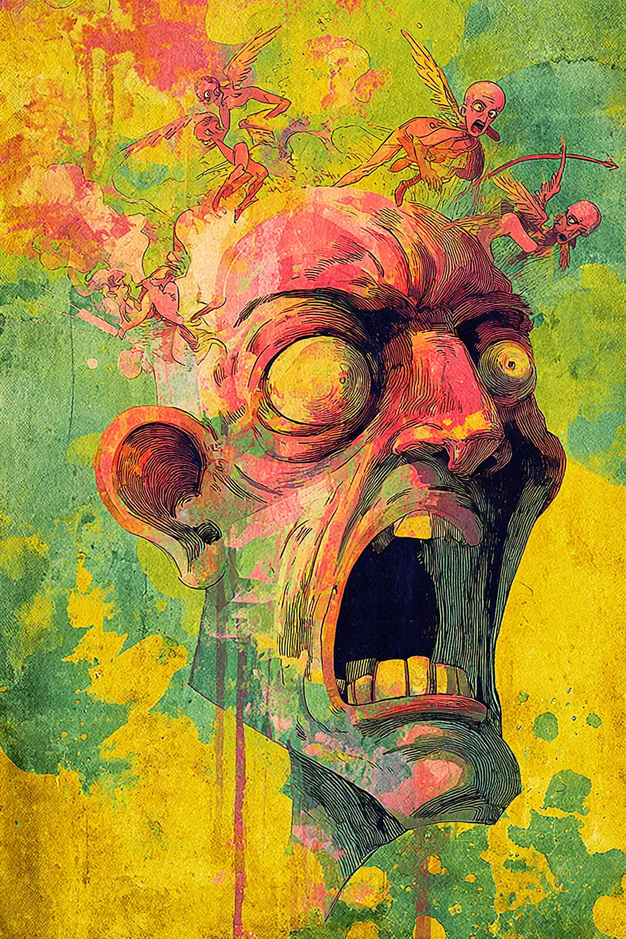 Surreal Distorted Head Exploding With Tiny Winged Creatures