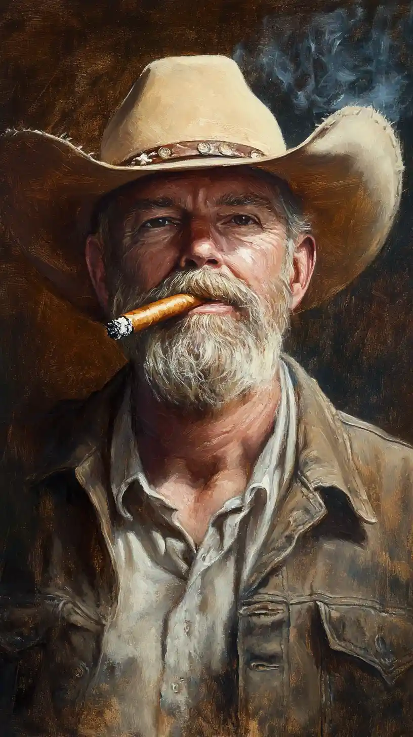 Cowboy barbuto che fuma un sigaro in un drammatico ritratto a olio