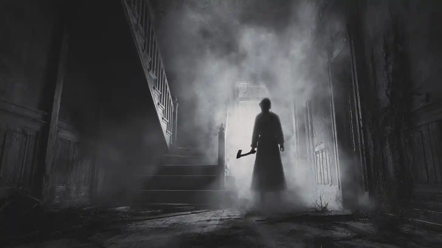 Esploratore solitario che affronta un fantasma sulle scale di una vecchia magione