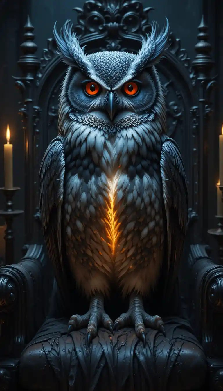 Gufo maestoso su sedia gotica in una stanza illuminata da candele
