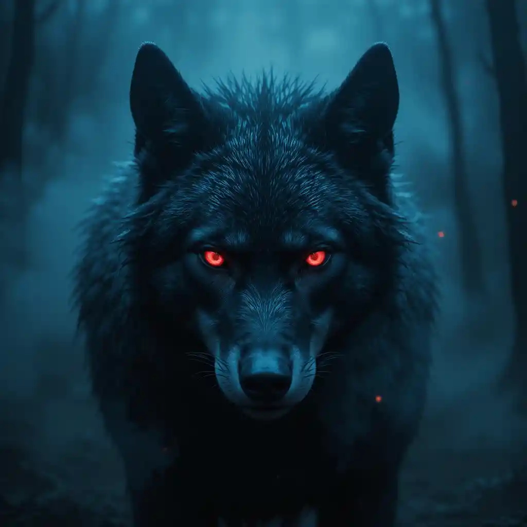 Lobo negro com olhos vermelhos em floresta noturna enevoada