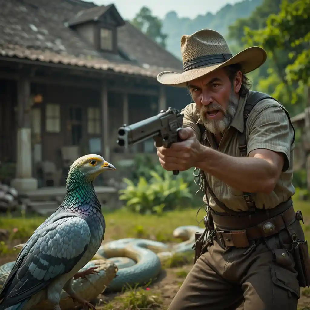 Angry farmer aiming a gun at a huge snake