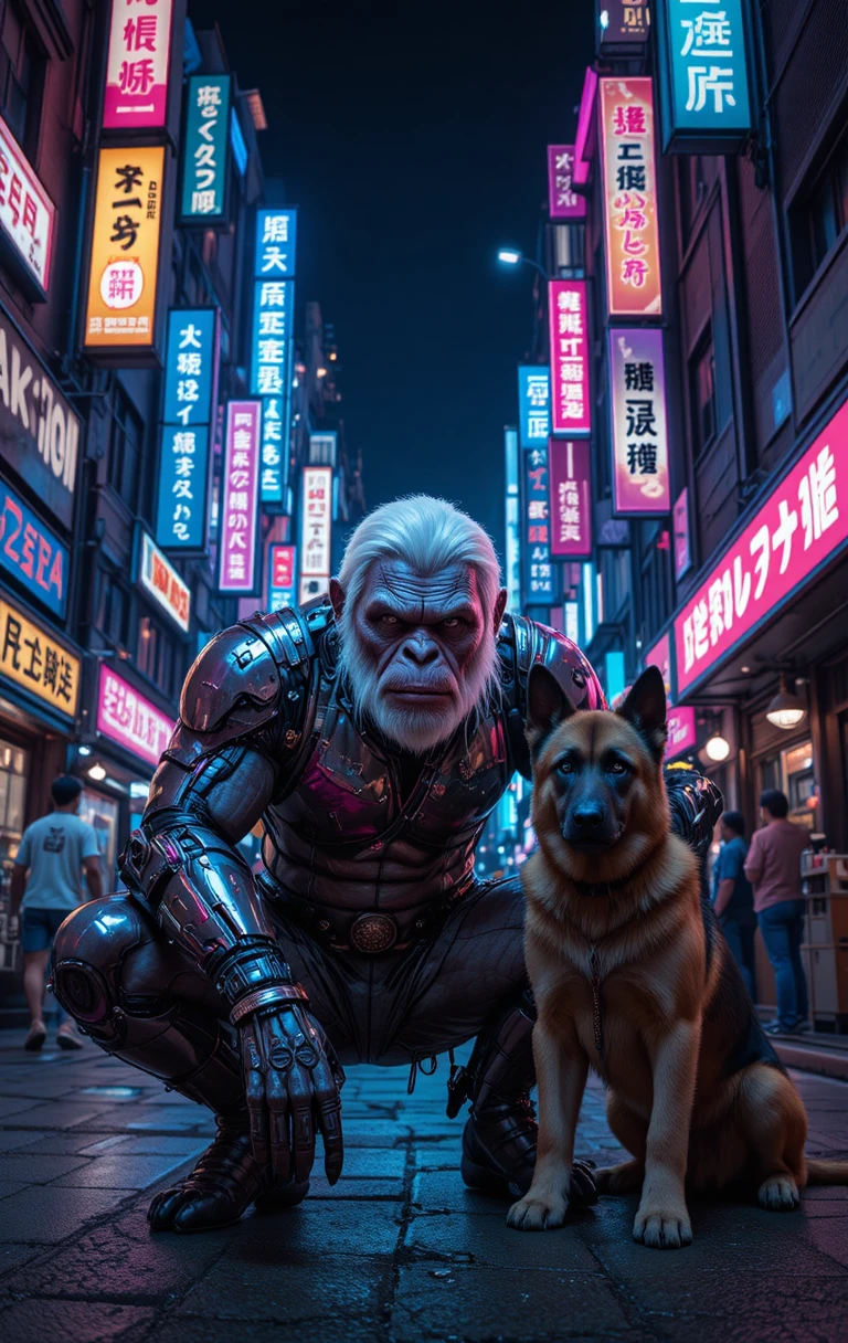 Cybernetic ape and dog in neon lit futuristic city