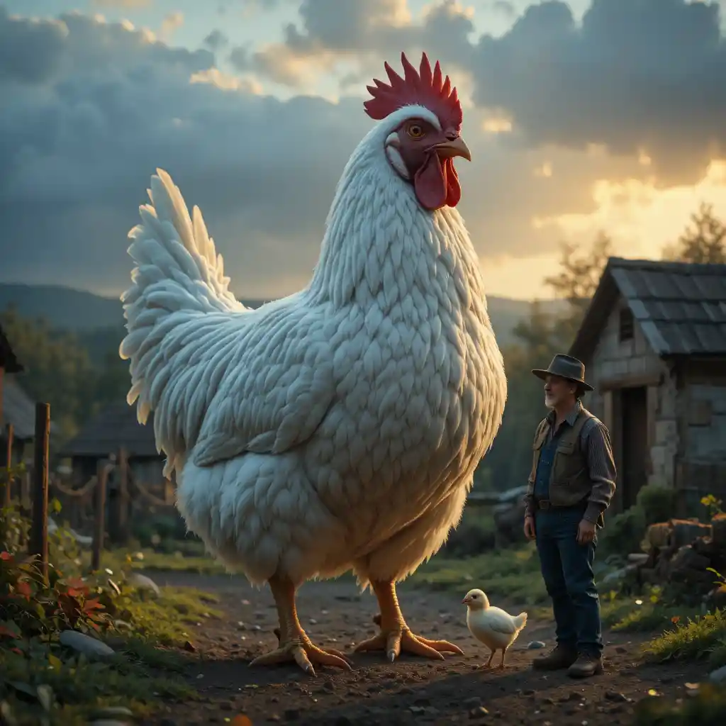 Gallina blanca triste llorando junto a un granjero en una granja rural