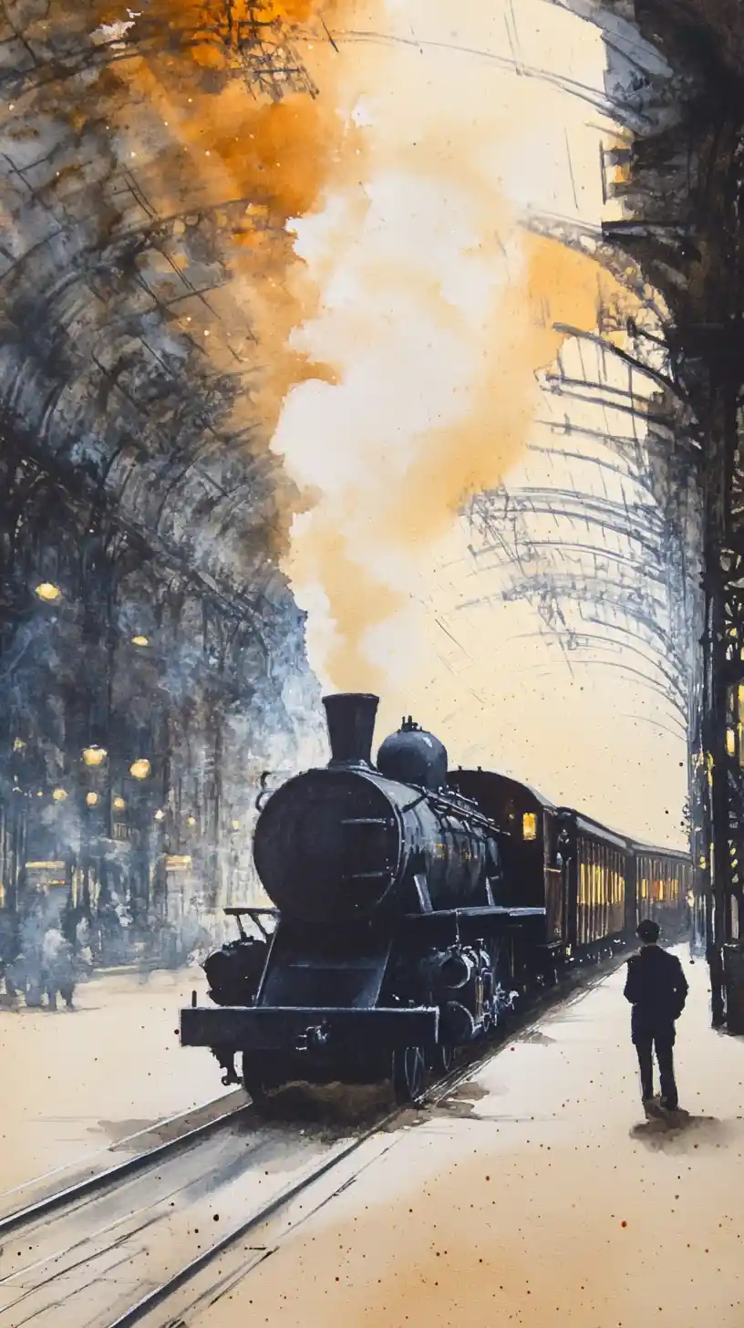 Victorian steam train in vaulted gothic station at night