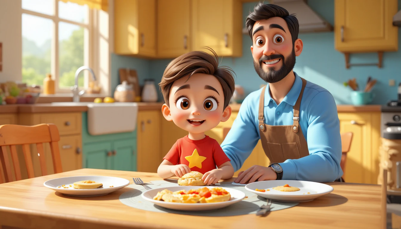 Little boy finishing breakfast with dad in sunny cartoon kitchen