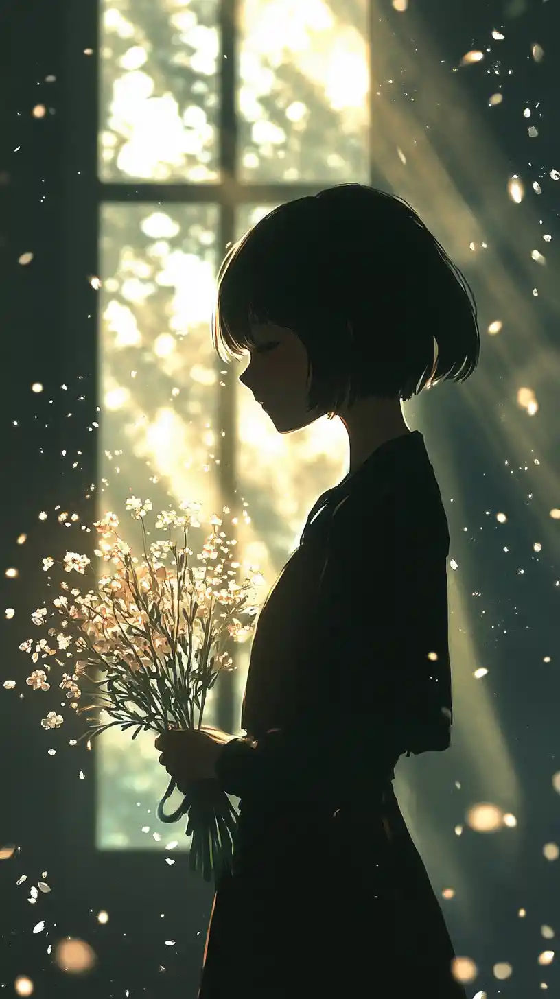 Silhouette di ragazza anime in controluce con mazzo di fiori luminoso