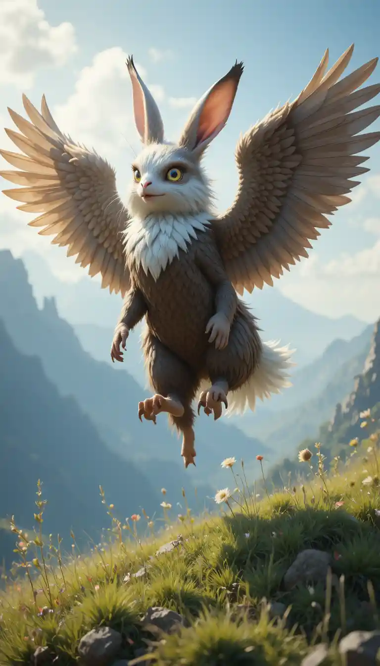 Whimsical rabbit eagle chimera over a sunny green hill