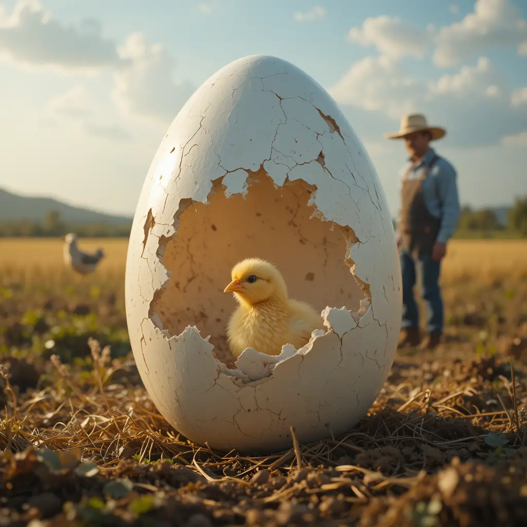 Poule géante regardant un poussin éclore dans un champ de la ferme