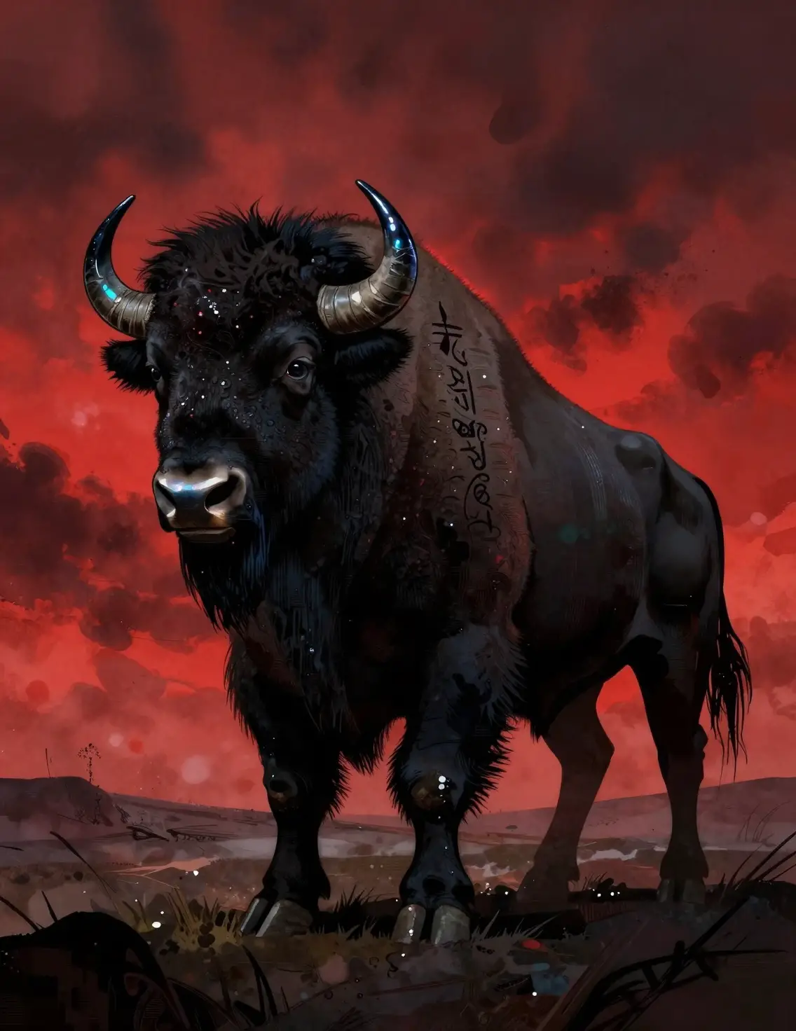 Black bison silhouette under a blood red stormy sky