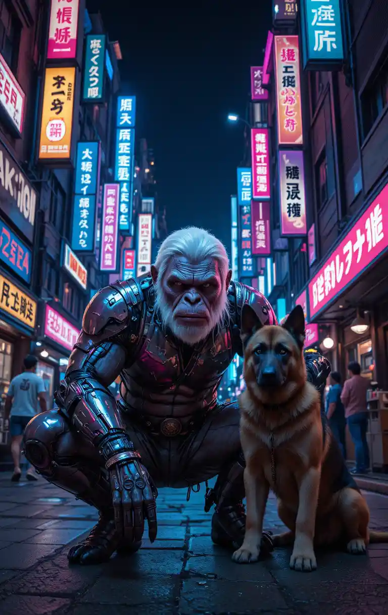 Cybernetic ape and dog in neon lit futuristic city