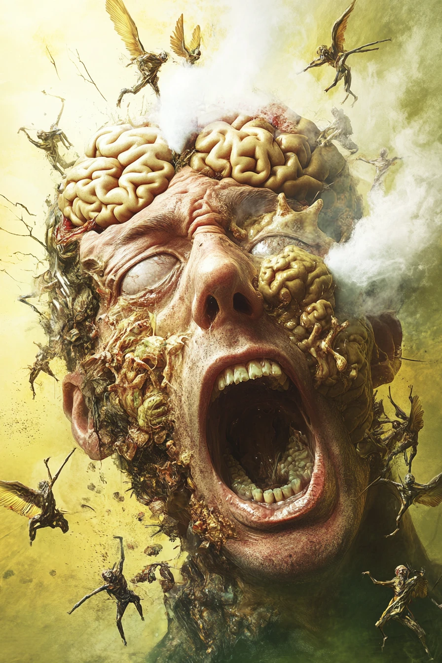 Cabeça distorcida surreal explodindo com criaturas voadoras caóticas