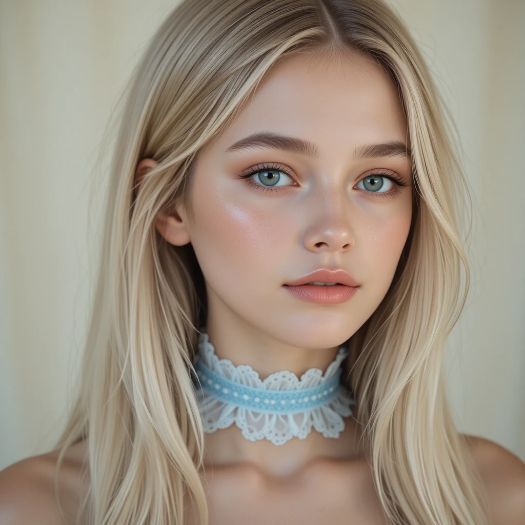 Ritratto sereno in primo piano di ragazza bionda con choker di pizzo