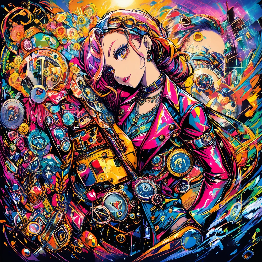 Garota steampunk em cores neon sob sol ou chuva