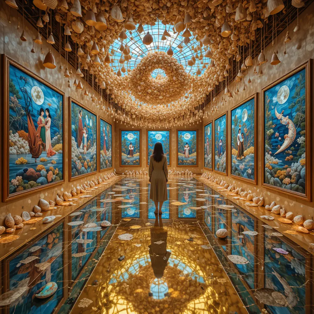 Besucher betreten eine reflektierende goldene Bodeninstallation in einer Kunstgalerie