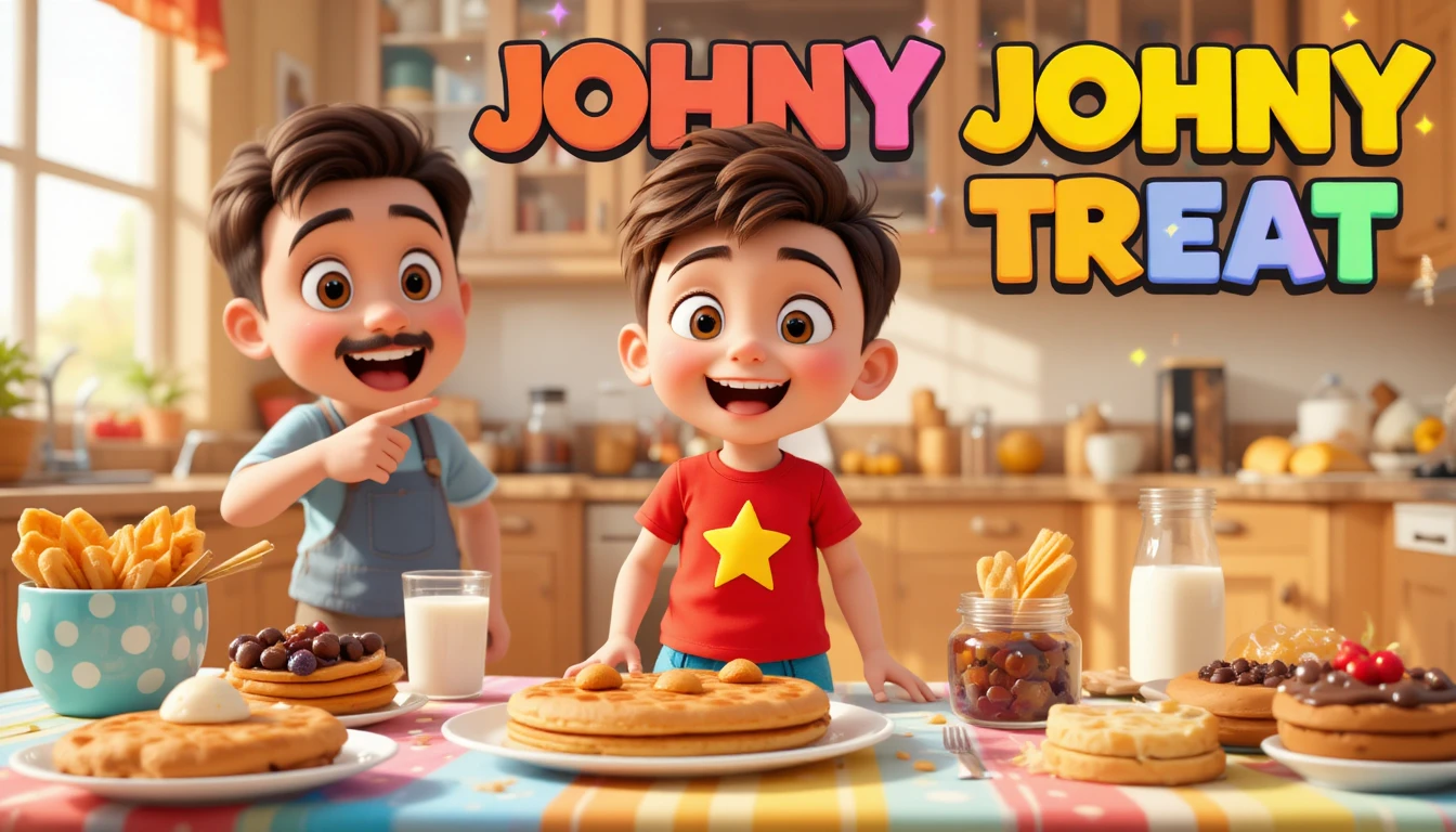 Cheerful boy and father at colorful breakfast table