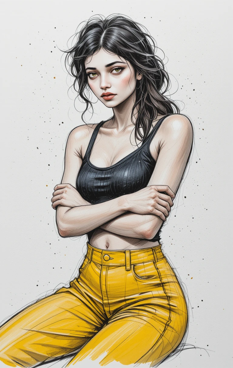 Confident young woman portrait in mixed media drawing