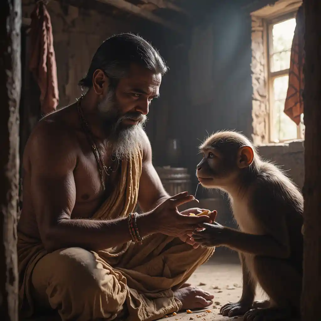 Farmer Giving Medicine To Sick Monkey In Village Home