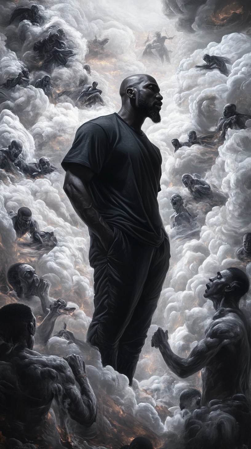 Powerful man and dark deity above frantic human chaos
