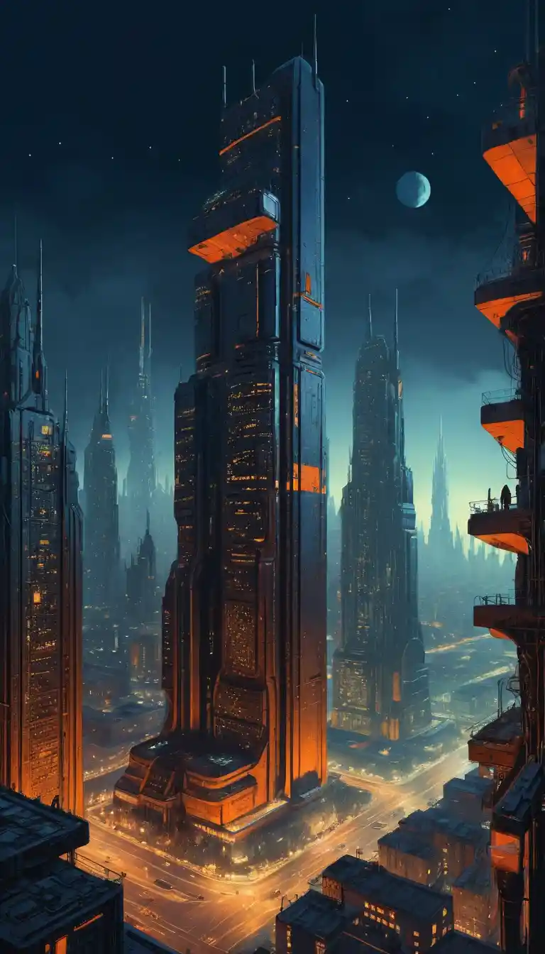 Retro-Sci-Fi-Stadtsilhouette mit hoch aufragenden Wolkenkratzern in der Dämmerung