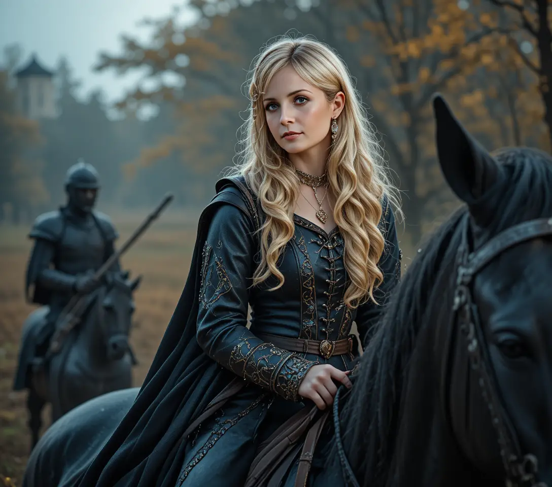 Noble dame médiévale sur cheval de guerre noir dans un paysage sombre