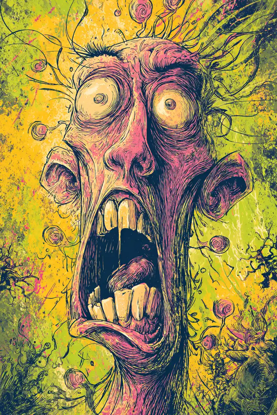 Surreal Distorted Head With Exploding Comic Chaos