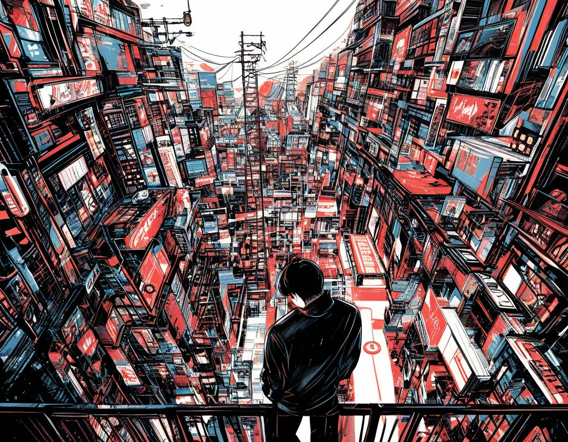 Young man on overpass overlooking quiet city intersection