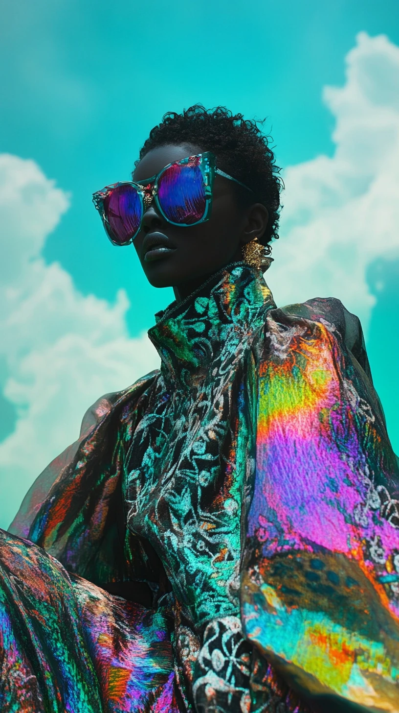 Mulher de moda surreal da Prada em fotografia psicodélica sombria