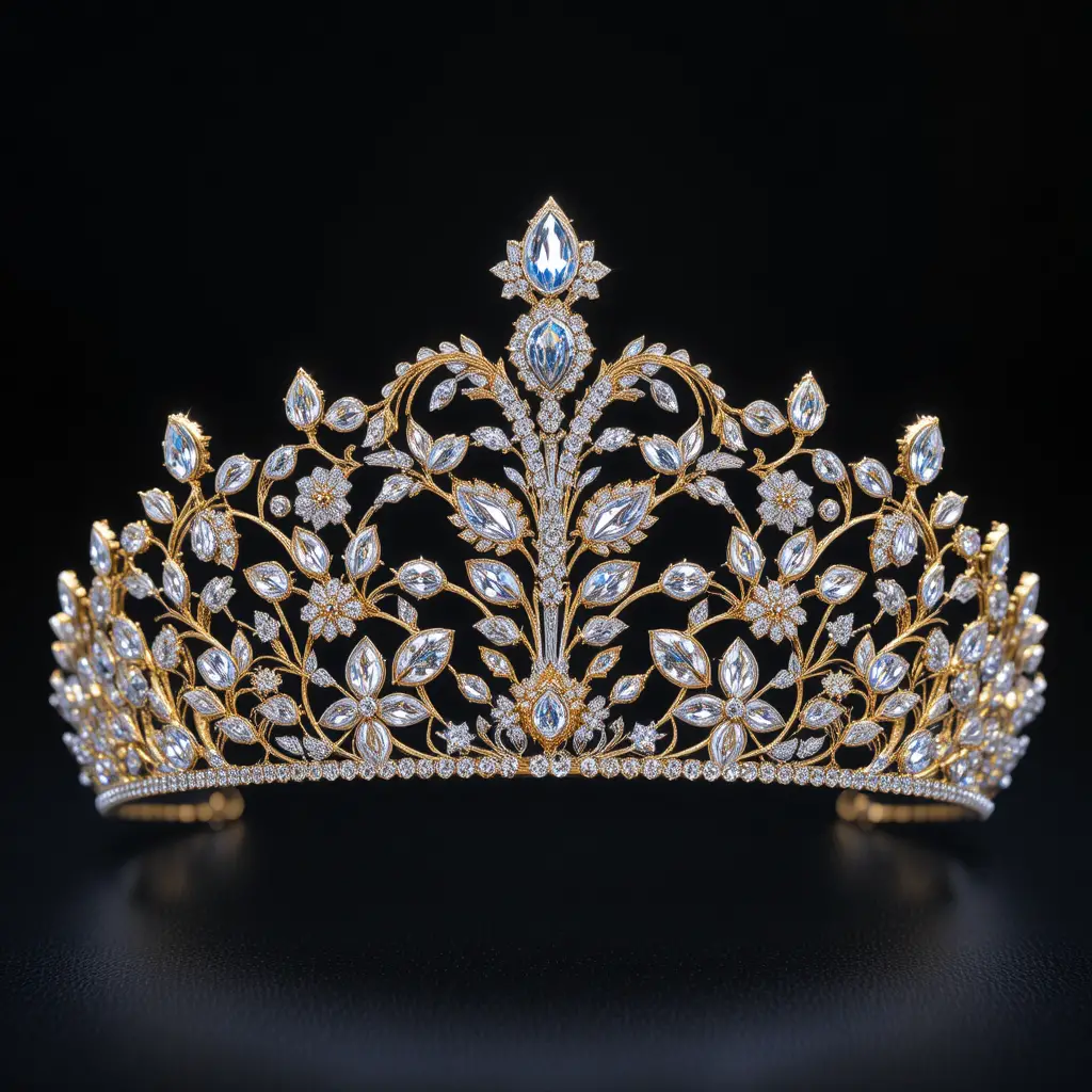 Goldene florale Tiara mit funkelnden Kristallen auf schwarzem Hintergrund