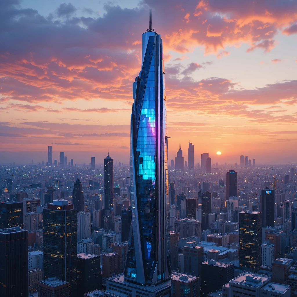 Grattacielo futuristico in uno skyline urbano al tramonto luminoso
