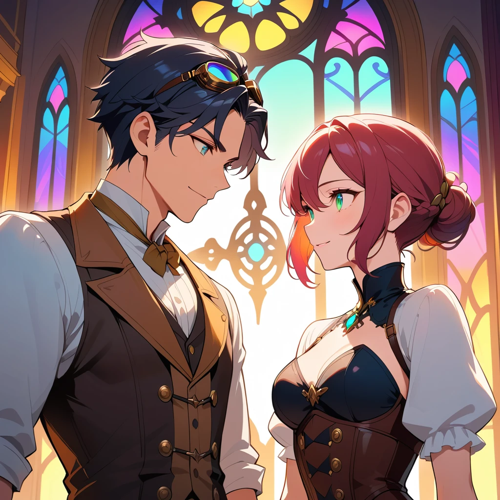 Pareja steampunk frente a mansión victoriana iluminada con neón de noche